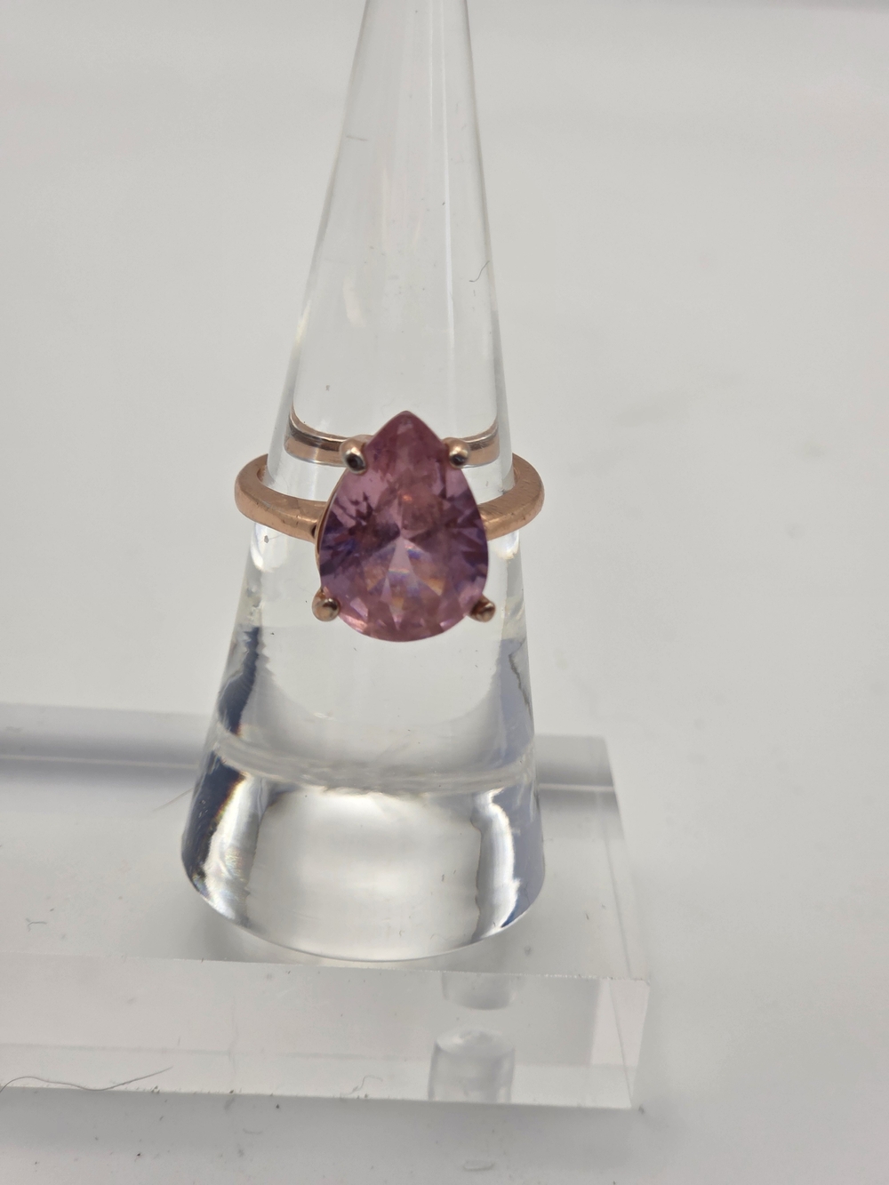 Rose Gold Pear Cut Pink Rose Quartz Solitaire Ring Size 6